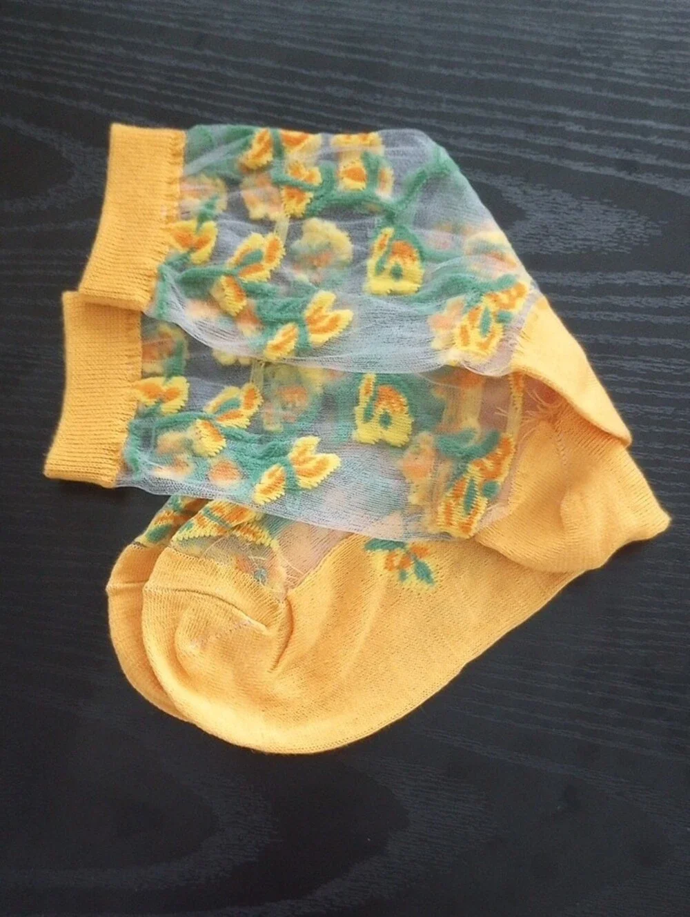 Yellow Green Floral Sheer Mid calf Socks